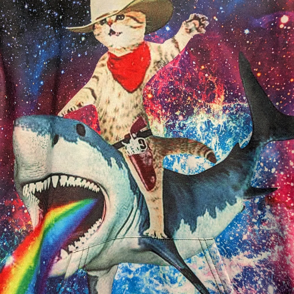 UNICOMIDEA Hoodie Pullover Cat & Shark In Space Purple Xxl